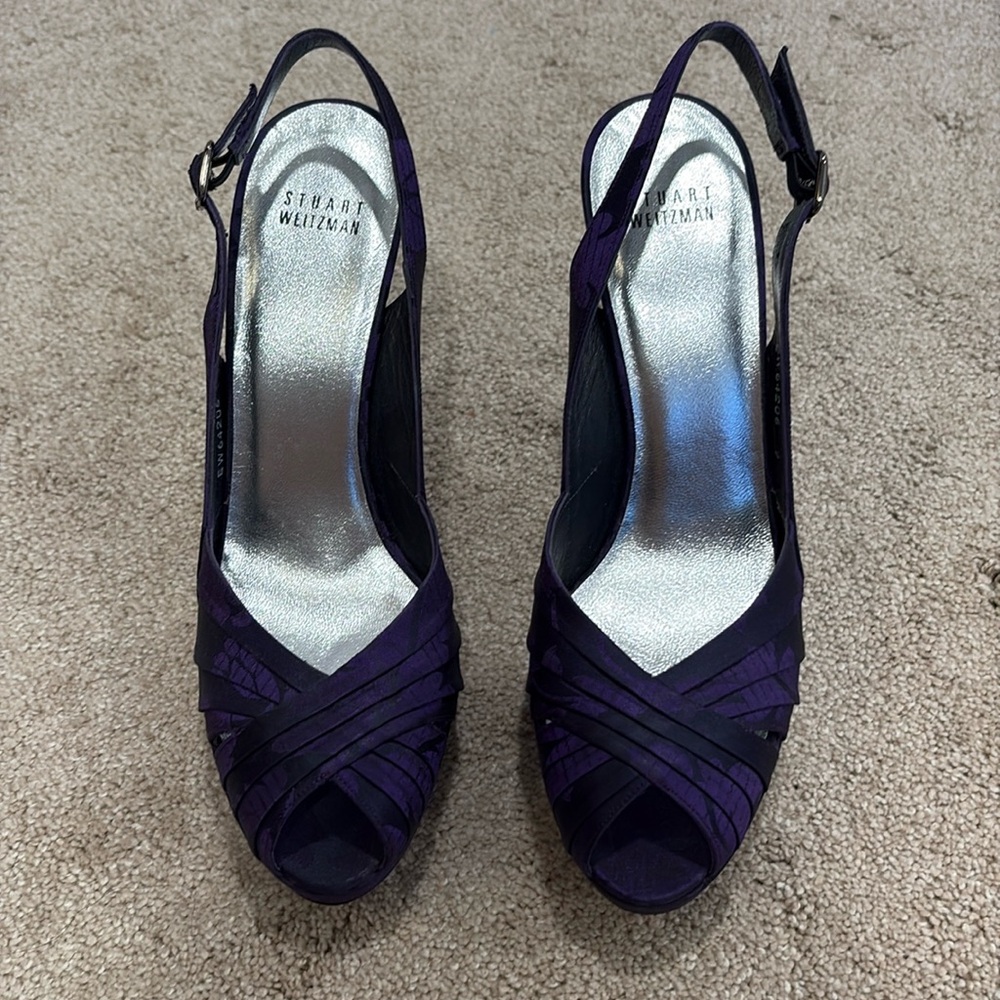 Stuart Weitzman Heels Black & Purple Brocade Satin Open Toe Size 9